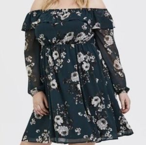 Torrid off shoulder green floral print chiffon dress